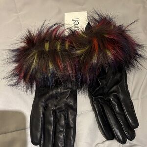 Leather Gloves with Multicolor Fur Trim